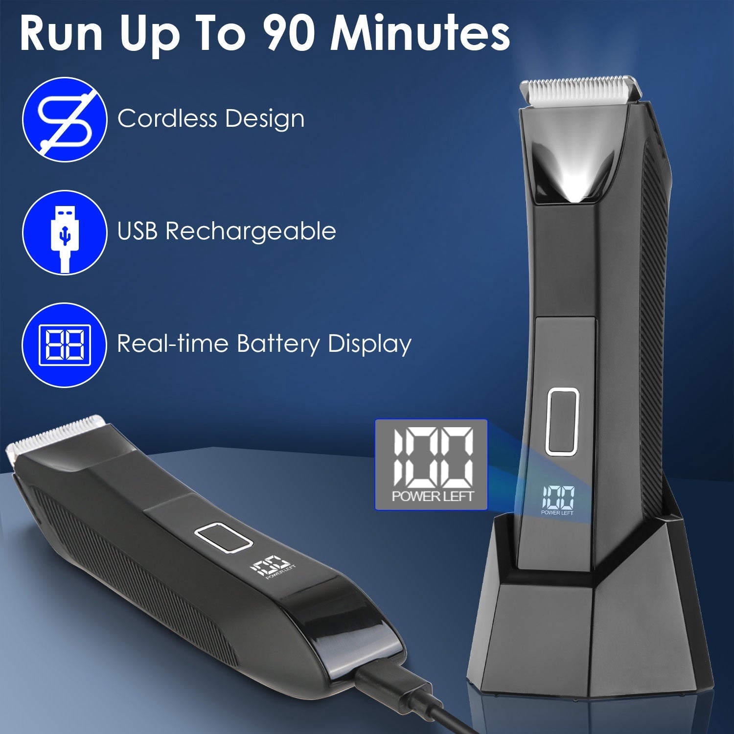 1Pc 2 In 1 Electric Body Trimmer For Men Cordless Beard Groin Ball Pubic Hair Shaver IPX7 Waterproof Razor With LED Light LCD Display Guard Comb Shaving Head - DropOnline.co