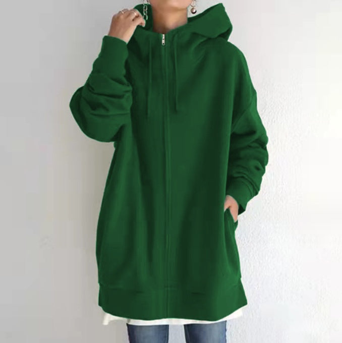 Women's Oversized Hooded Zip-Up Sweatshirt - Velvet-Lined Long Coat - DropOnline.co