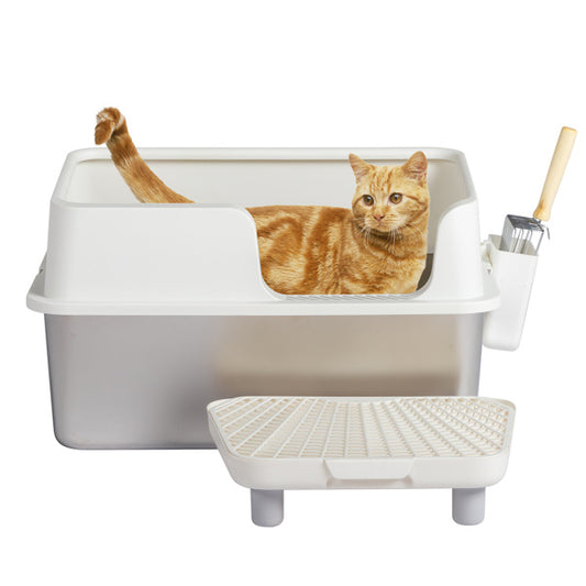Stainless Steel With Plastic, Buckle Style With Shovel, Foot Pad, White Litter Box - DropOnline.co
