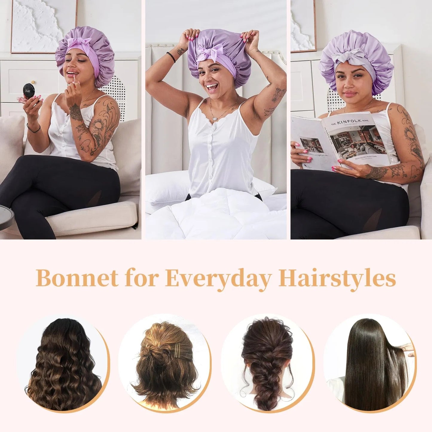 Silk Bonnet For Sleeping Women, Satin Hair Bonnet For Sleeping For Wavy Curly Natural Hair Women Men - Red - DropOnline.co