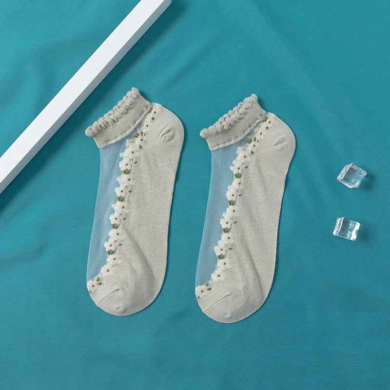Women's Thin Spun Glass Lace Crystal Boat Socks - Delicate No-Show Socks