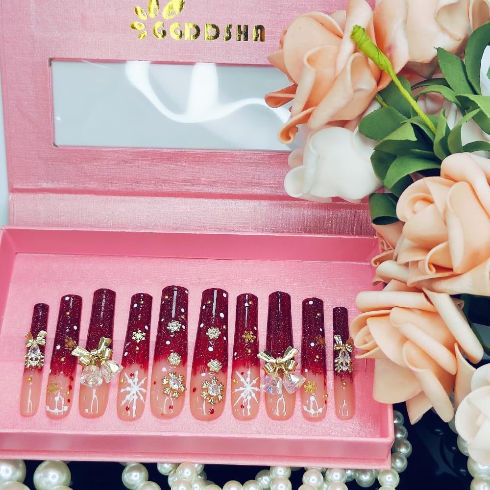 GGddsha Long Handmade PMMA Acrylic Nails Red WithSnowflake Rhinestone Bell Design Reusable Full CoverageFalse Nail Ladies False Nail Set,Lumiere Neige - DropOnline.co