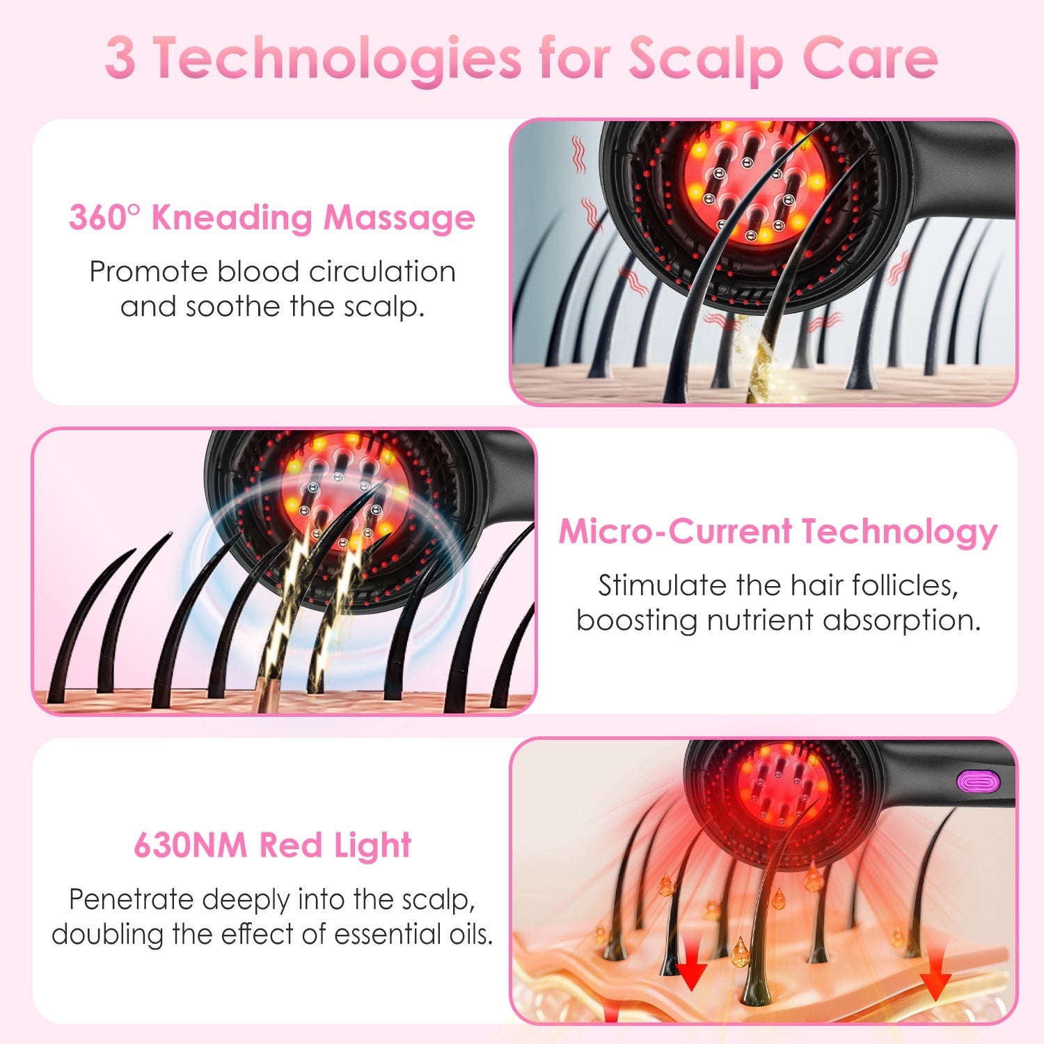1Set 3 In 1 Red Light Scalp Massager Brush Cordless Hair Oil Applicator Massage Comb With 3 Modes Rechargeable IPX7 Waterproof - DropOnline.co