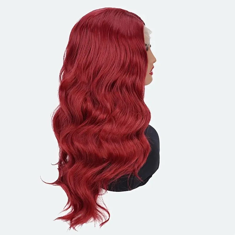 Elegant 24 Inch Red Wavy Synthetic Wig For Women, 4x1 Front Lace, High Temperature Fiber, Middle Part, Natural Look, Breathable, Comfortable, Versatile For Cosplay & Daily Use, All Ethnicities - DropOnline.co