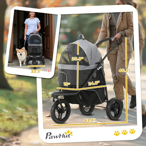 3 In 1 Pet Jogging Stroller For Small Dogs And Cats With Detachable Carrier, Storage Basket, Gray - DropOnline.co