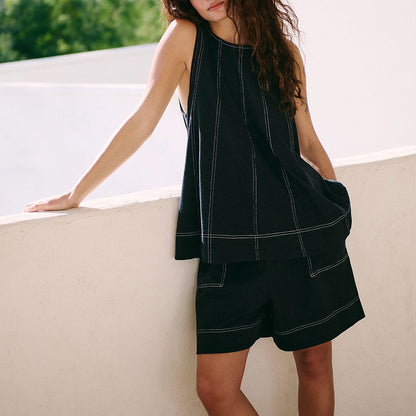 Casual Loose Pocketed Sleeveless Tank Top And Shorts Denim Two-Piece Set