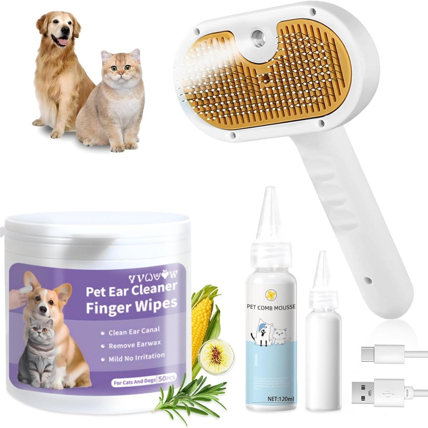 Universal Pet Steam Brush For Cats And Dogs 3-in-1 Spray Hair Removal Comb With Waterless Shampoo And Ear Towel,Tiktok, Amazon, Walmart Banned - DropOnline.co
