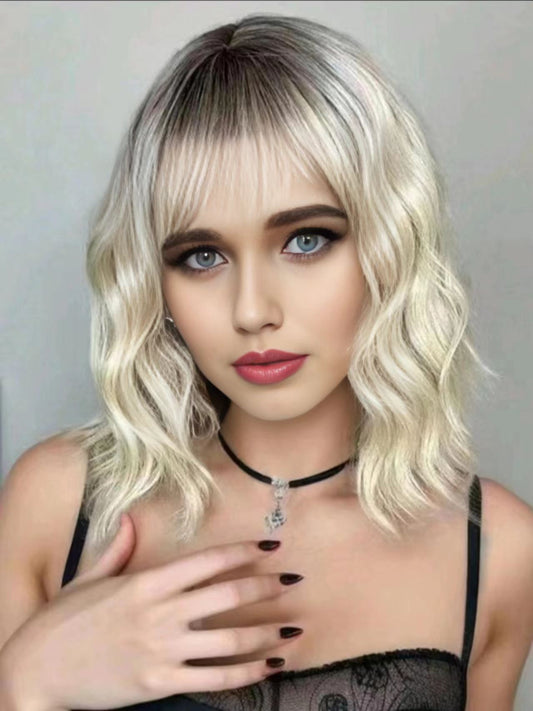 Synthetic Wavy Wig, Non-toxic Wig With Wave Head, With Bangs, Short Mixed Hair For Women, Heat Resistant, Suitable For The Whole Scene - DropOnline.co