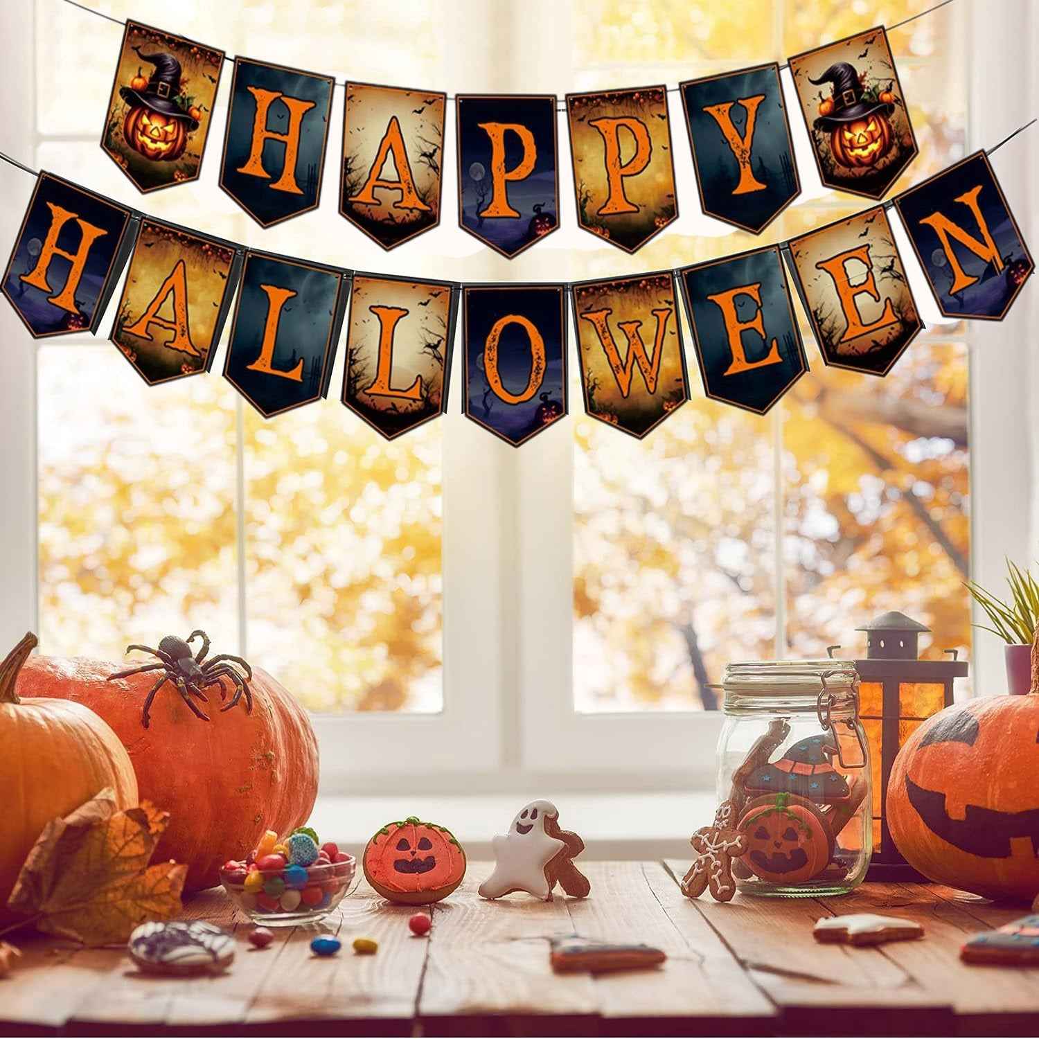 2 Packs Happy Halloween Banner Spider Ornament - Trick Or Treat Bunting Flag - DropOnline.co