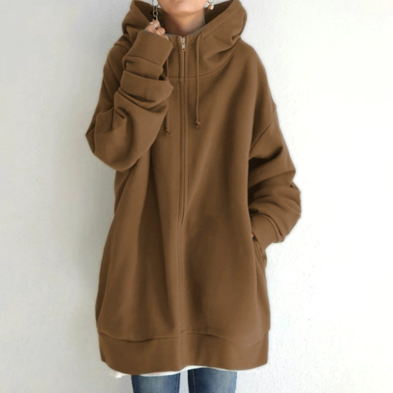 Women's Oversized Hooded Zip-Up Sweatshirt - Velvet-Lined Long Coat - DropOnline.co