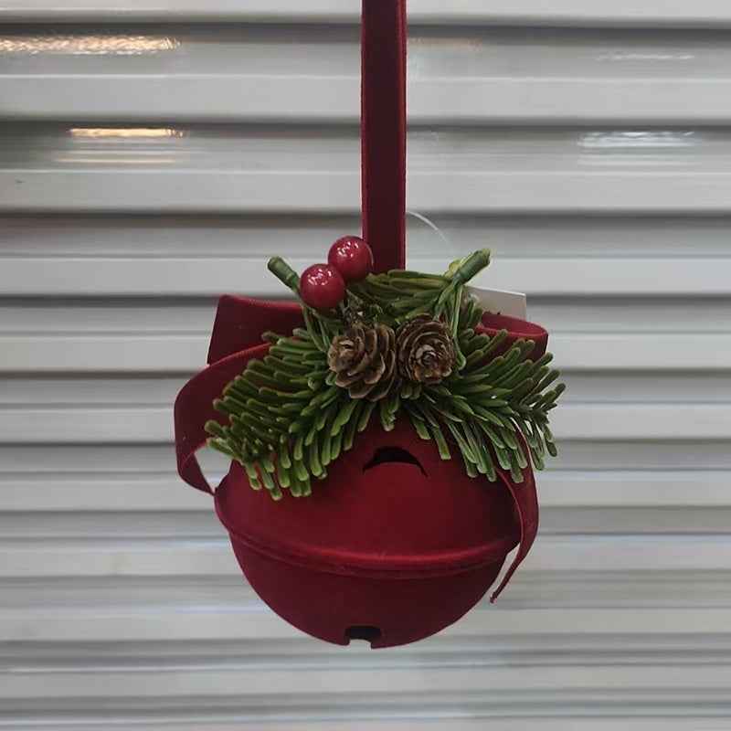 Christmas Flocked Bell Pendant - Wine Red Jingling Ornament Window Door Decoration - DropOnline.co