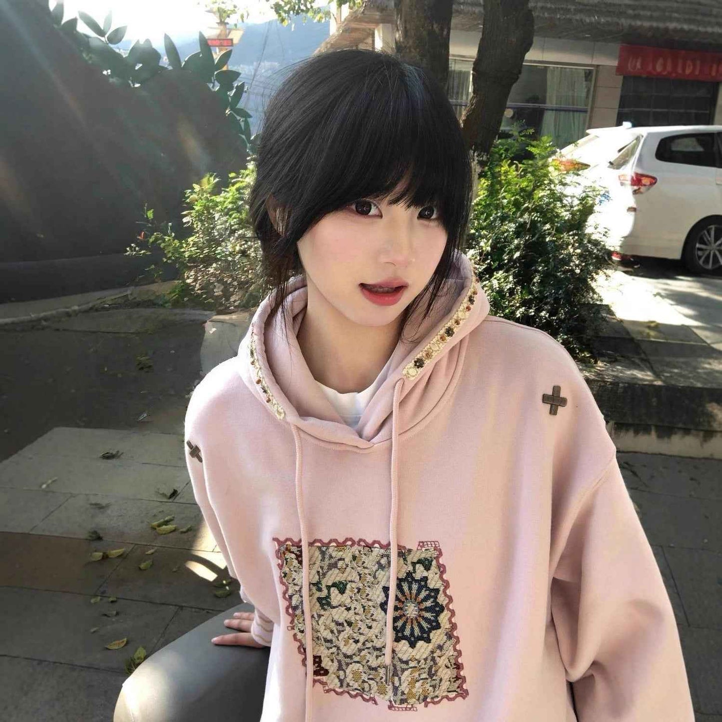 American Retro Patch Embroidery Hooded Sweatshirt Women