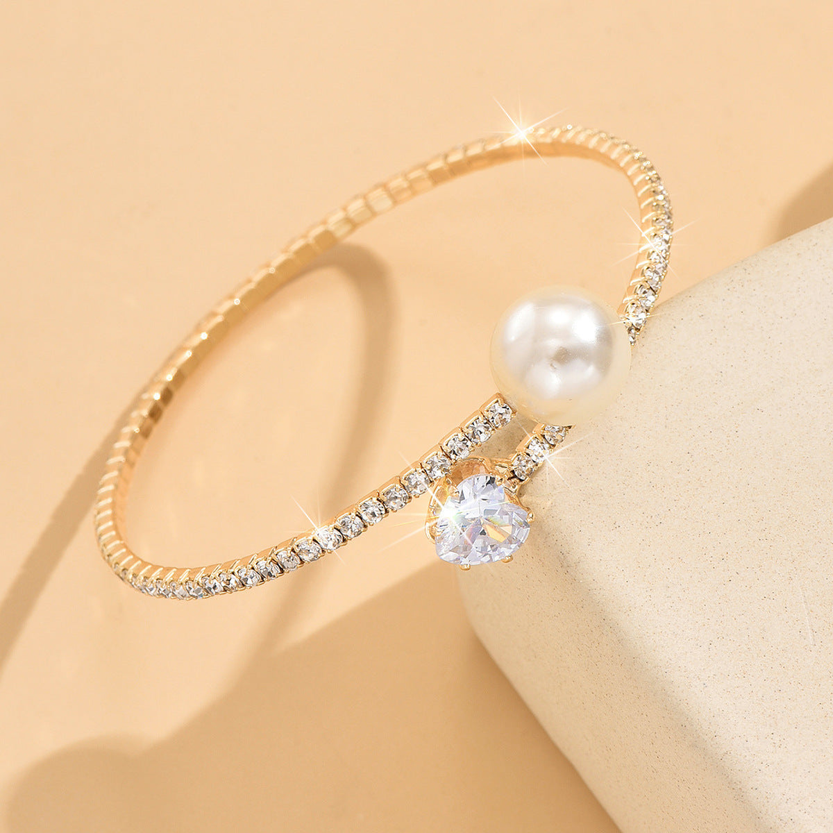 Women's Pearl Heart Full Diamond Bracelet Elastic Jewelry - DropOnline.co