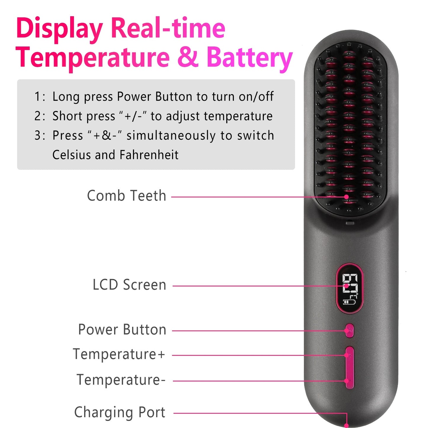Grey-Black Options -- 1Pc Cordless Negative Ion Hair Straightener Brush Rechargeable Mini Styling Comb With 12 Heating Levels Anti-scald 30S Preheating 30Mins Auto Sleep LCD Display - DropOnline.co
