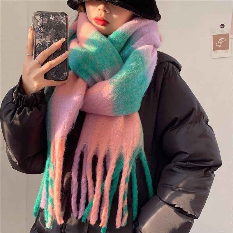 Women's Plaid Tassel Scarf - Rainbow Color-Blocking Shawl