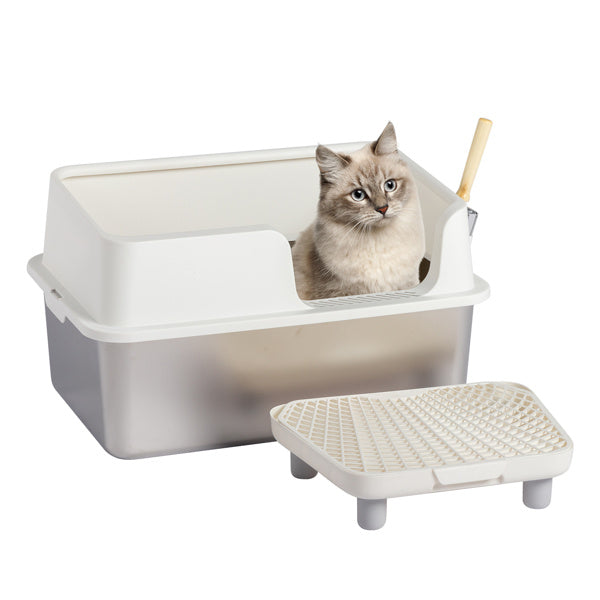 Stainless Steel With Plastic, Buckle Style With Shovel, Foot Pad, White Litter Box - DropOnline.co