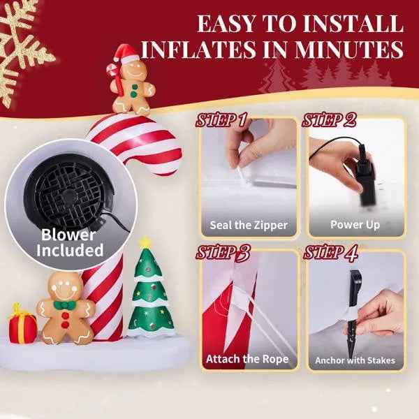 8.2FT Inflatable Giant Candy Cane with Gingerbread Men - LED Christmas Yard Decoration - DropOnline.co