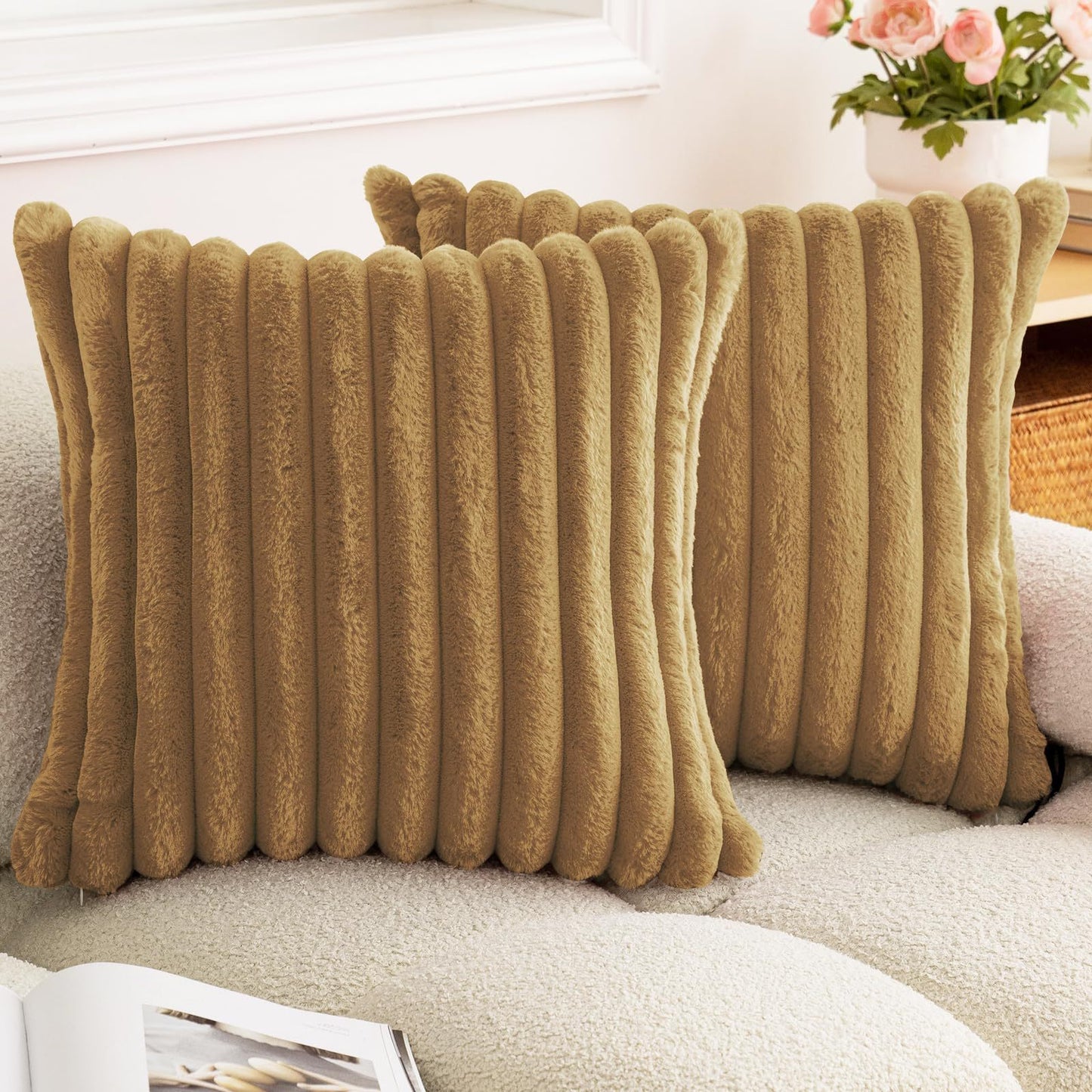 Rabbit Fur Solid Color Vertical Bar Plush Square Cushion Cover - DropOnline.co