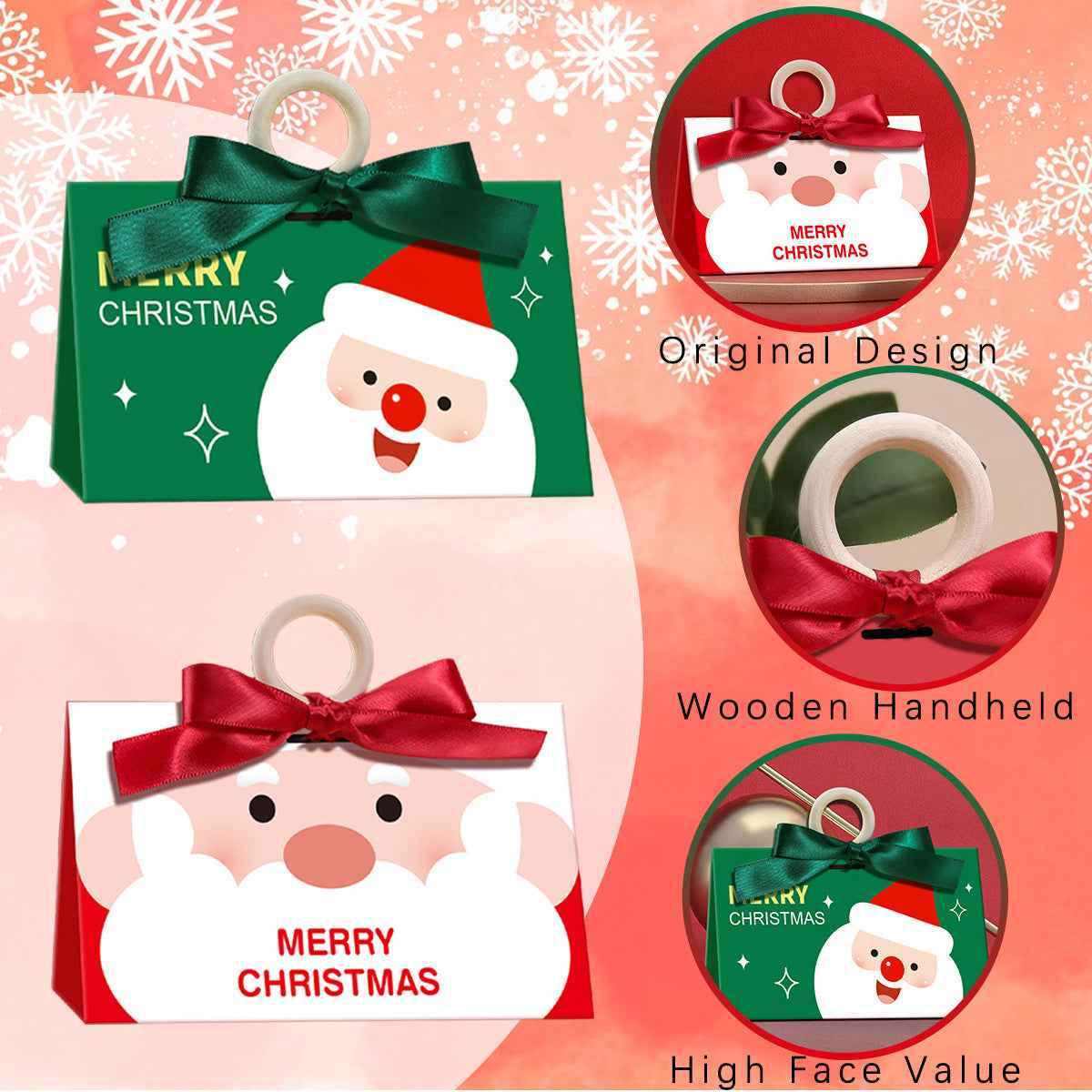 10 Pack Christmas Candy Boxes with Ribbon & Wooden Ring - Santa Pattern Treat Boxes - DropOnline.co