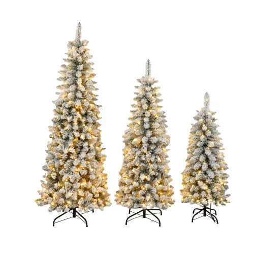 3 Pcs Flocked Artificial Christmas Tree Set with Lights - 4ft 5ft 6ft Snow Trees