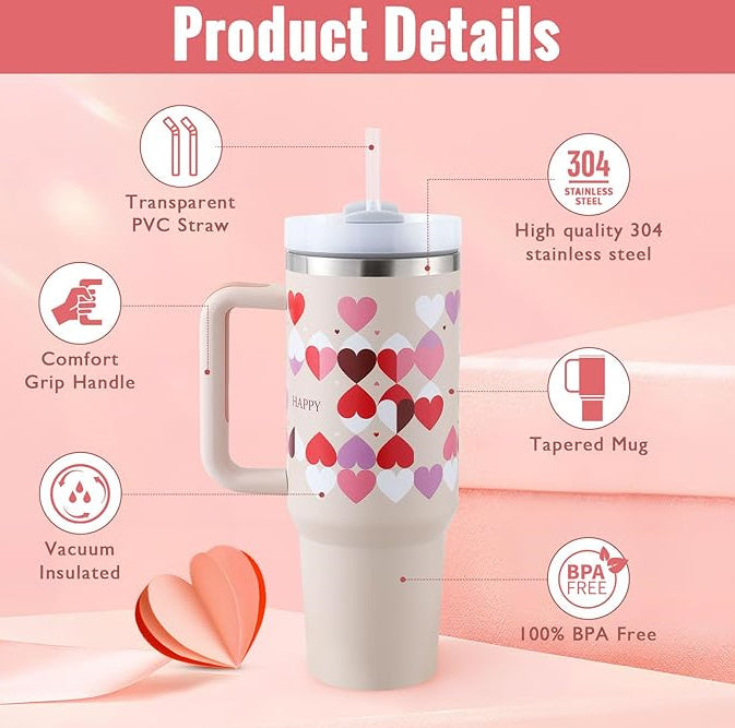 40 Oz Tumbler With Handle Straw Insulated, Stainless Steel Spill Proof Vacuum Coffee Cup Tumbler With Lid Tapered Mug Gifts For Valentine Lover Suitable For Car Gym Office Travel - DropOnline.co