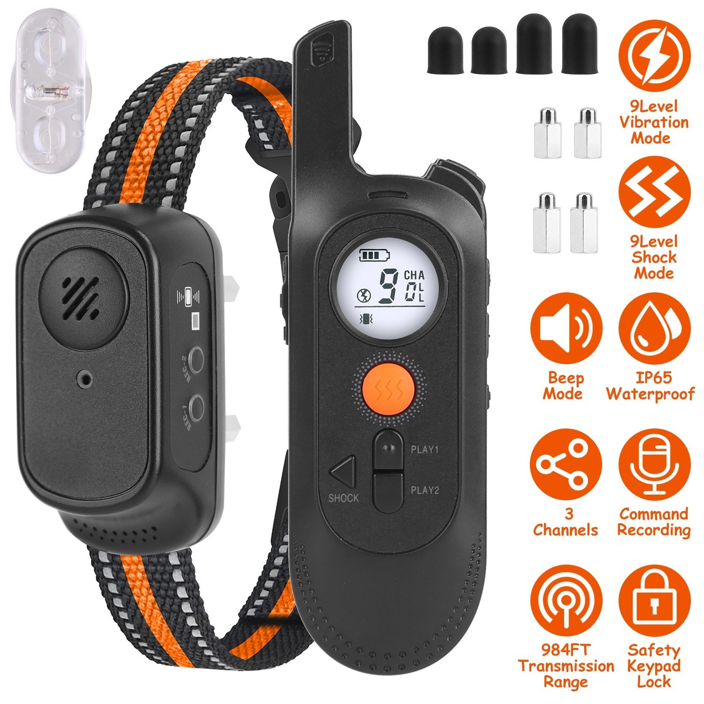 1Pc 984FT Dog Training Collar IP65 Waterproof Pet Beep Vibration Electric Shock Collar 3 Channels Rechargeable Transmitter Receiver Trainer With Recording Safety Keypad Lock - DropOnline.co