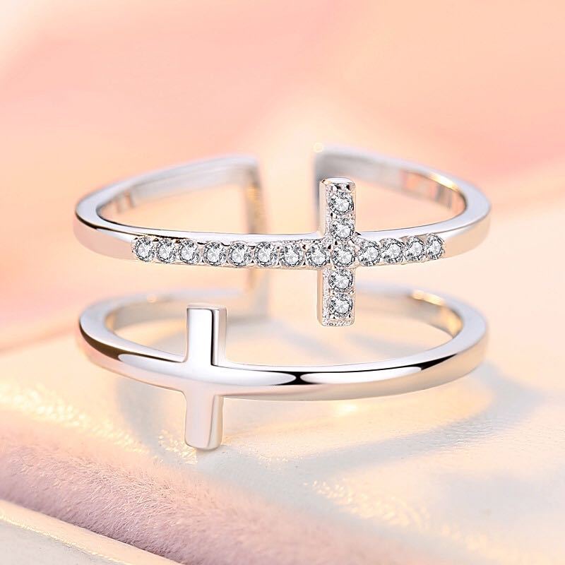 Double Cross Miniature Copper Inlaid Zircon Ring - DropOnline.co