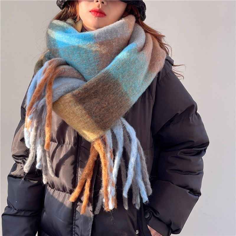 Women's Plaid Tassel Scarf - Rainbow Color-Blocking Shawl