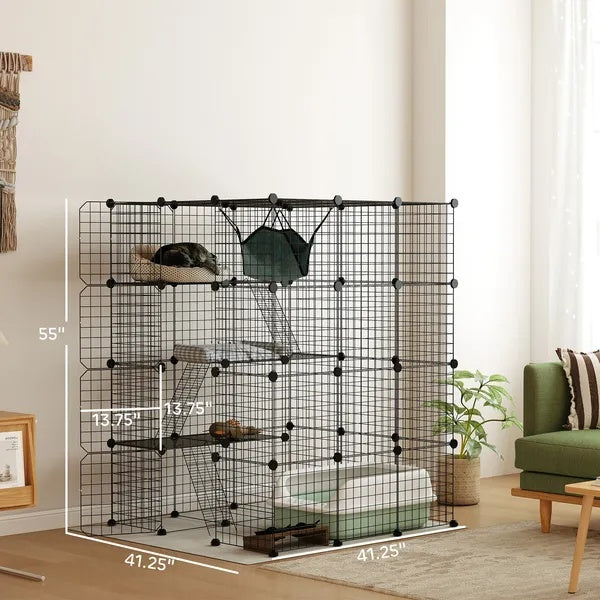 DIY 4 Tier Cat Cage Indoor With Hammock, Ramps, Jumping Platforms, Doors, Cat Enclosure For 1-3 Cats, 3 X 3 X 4, Black - DropOnline.co