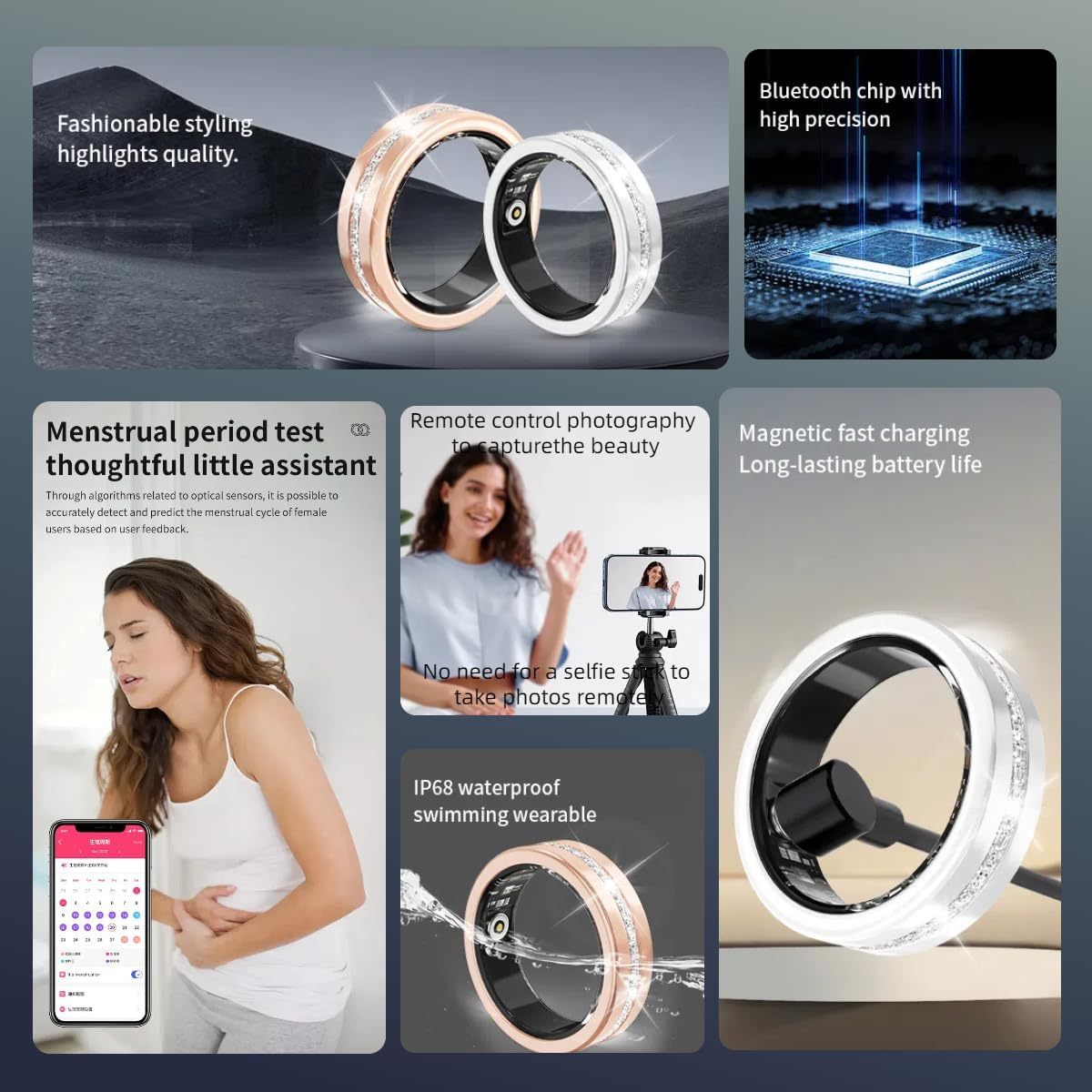2025 New Smart Ring For Women, Health & Fitness Tracker With Heart Rate, Blood Oxygen, Sleep Monitoring, Elegant Rose Gold Design With Crystal Accents, IP68 Waterproof, Gesture Control - DropOnline.co