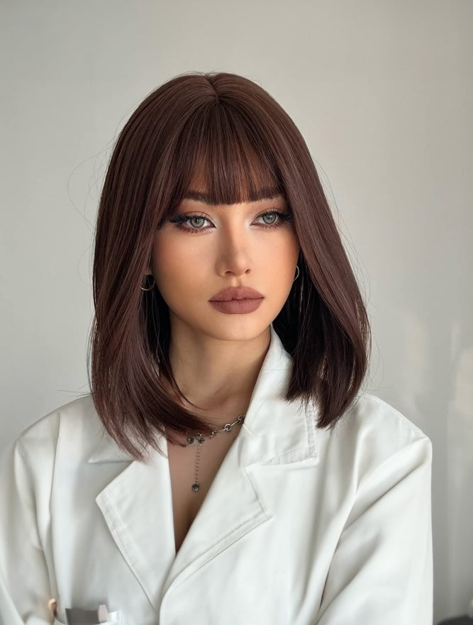 12 Inch Natural Black Short Bob Wigs With Bangs Light Yaki Straight Hair Blunt Cut Glueless Wigs Realistic Look Daily Costume Wig For Women Synthetic Hair Heat Resistant Hair Wigs - DropOnline.co