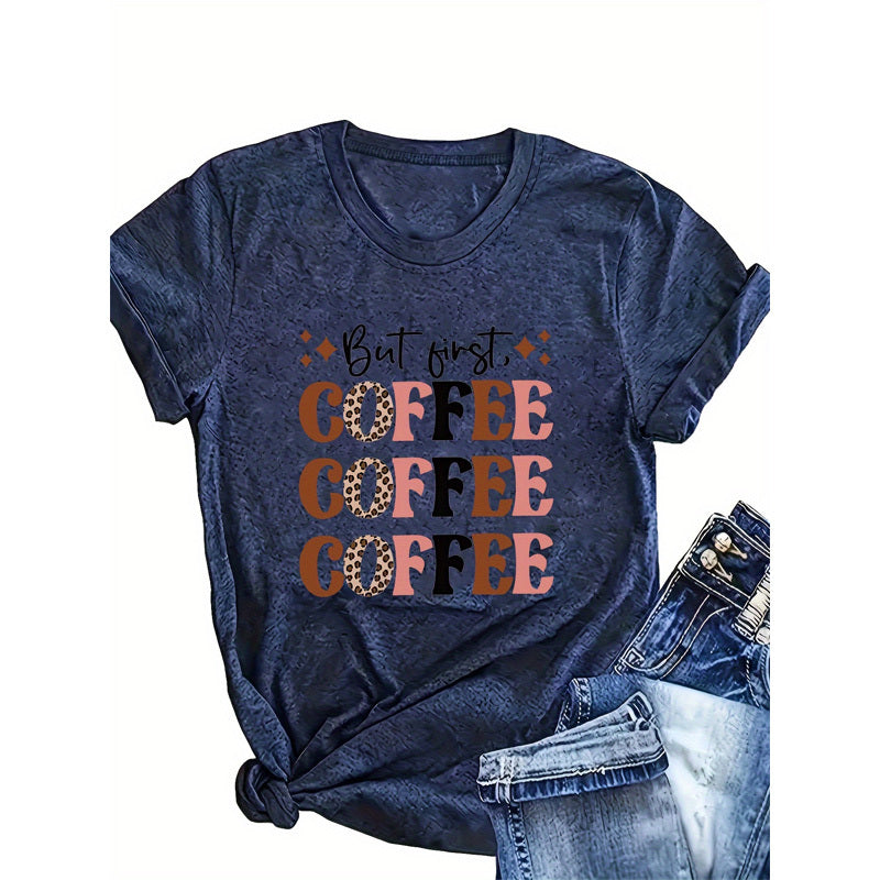 Women's 'COFFEE' Print Round Neck Tee - Summer Casual T-Shirt - DropOnline.co