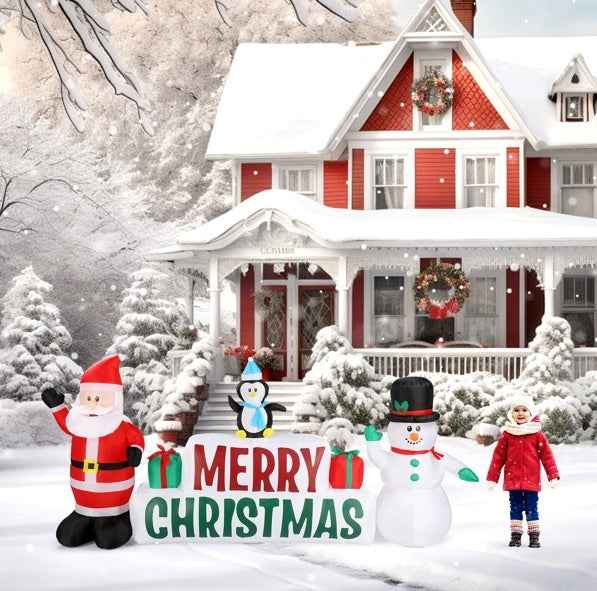 Inflatable Santa Claus and Snowman Holding Merry Christmas Sign - DropOnline.co