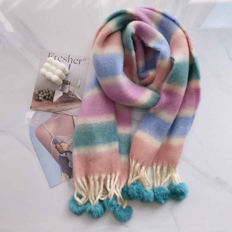 Rainbow Dopamine Mohair Tassel Scarf - Mood-Boosting Colorful Wrap