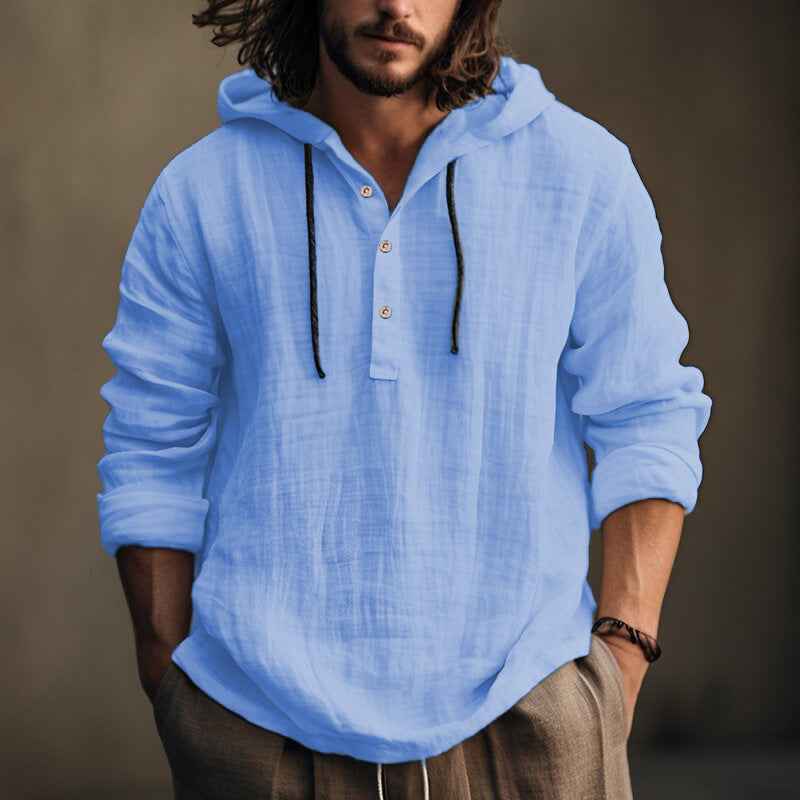 Men's Cotton Linen Hooded Shirt - Long Sleeve Casual Daily Sweater