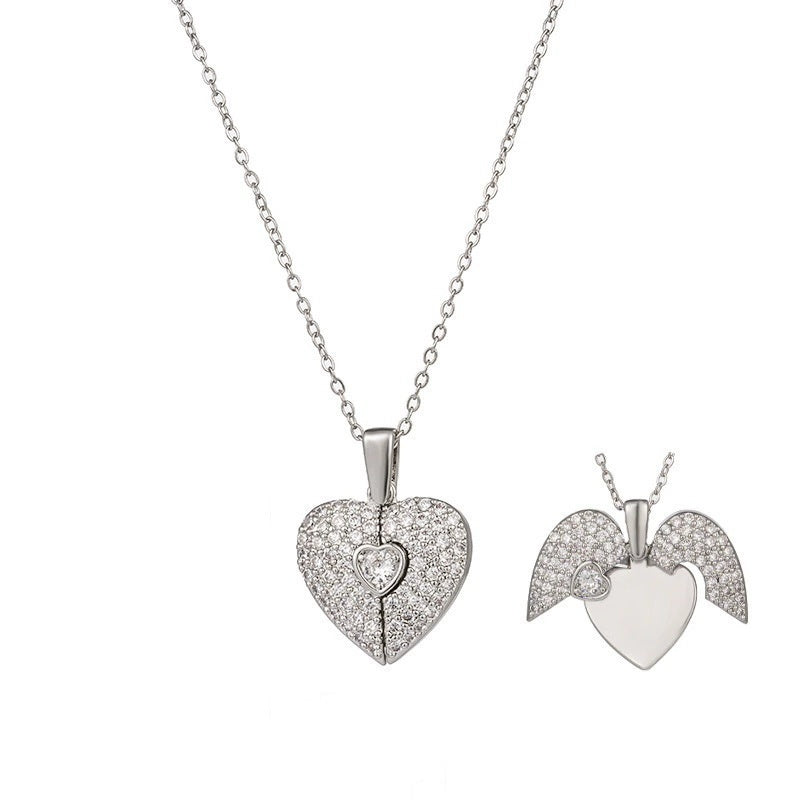 Women's Heart Opening And Closing Necklace Wings Pendant Clavicle Chain Jewelry - DropOnline.co