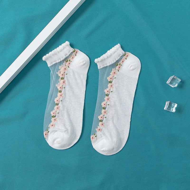 Women's Thin Spun Glass Lace Crystal Boat Socks - Delicate No-Show Socks