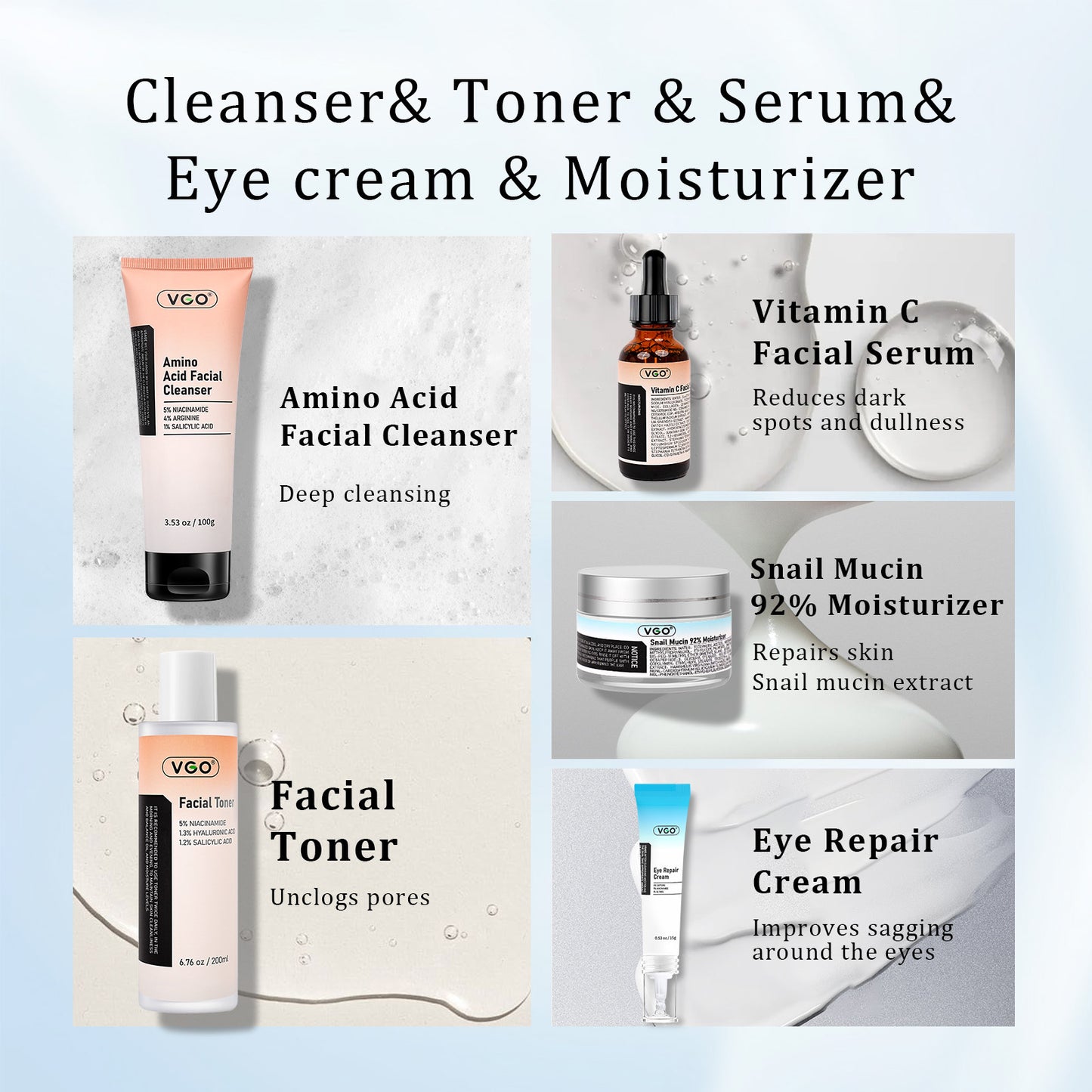 SKINCARE 5-STEP ROUTINE CLEANSER - TONER - SERUM -EYE CREAM - MOISTURIZER - DropOnline.co