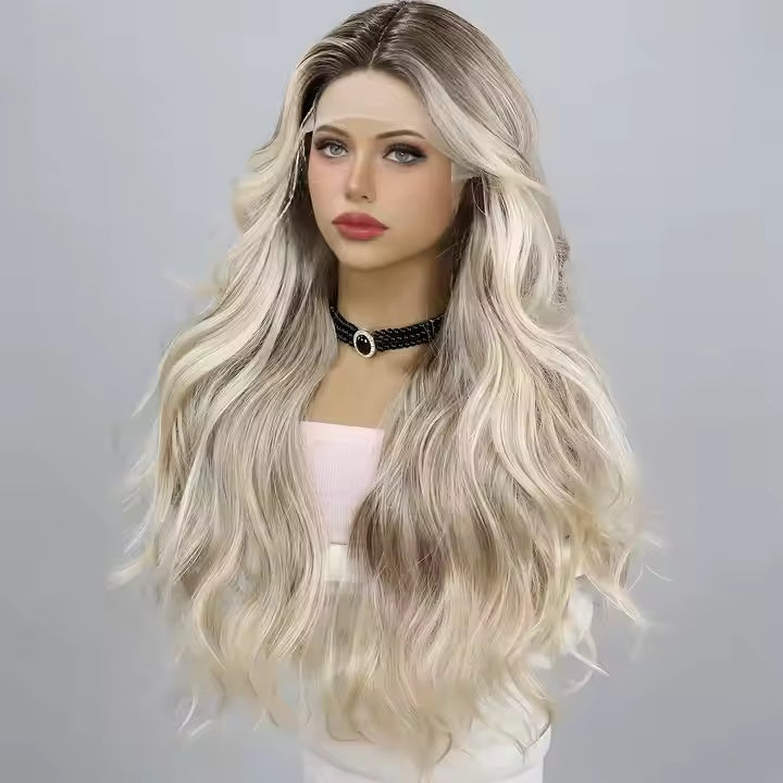 European And American Fashion T-shaped Lace Gold Gradient Wavy Curly Hair Wigs Shipped From Warehouse - DropOnline.co