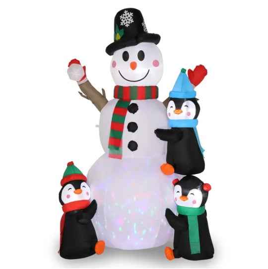 6ft Inflatable Snowman with 3 Penguins - LED Garden Christmas Decoration with Rotating Light - DropOnline.co