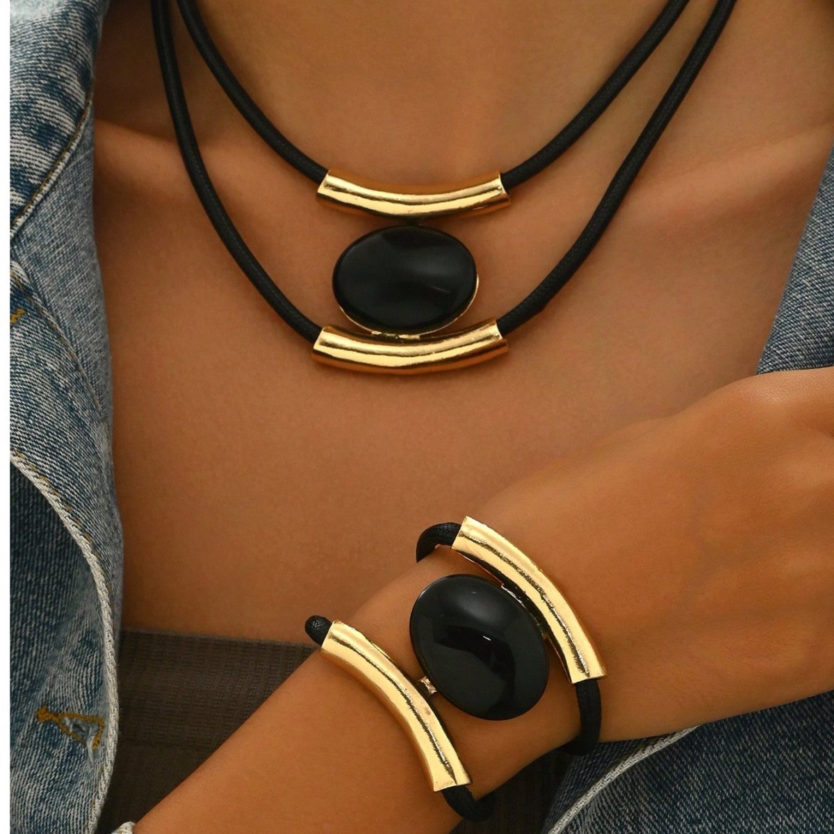 14K Gold Plated Golden Elegance  Black And Gold Statement Jewelry Set - DropOnline.co