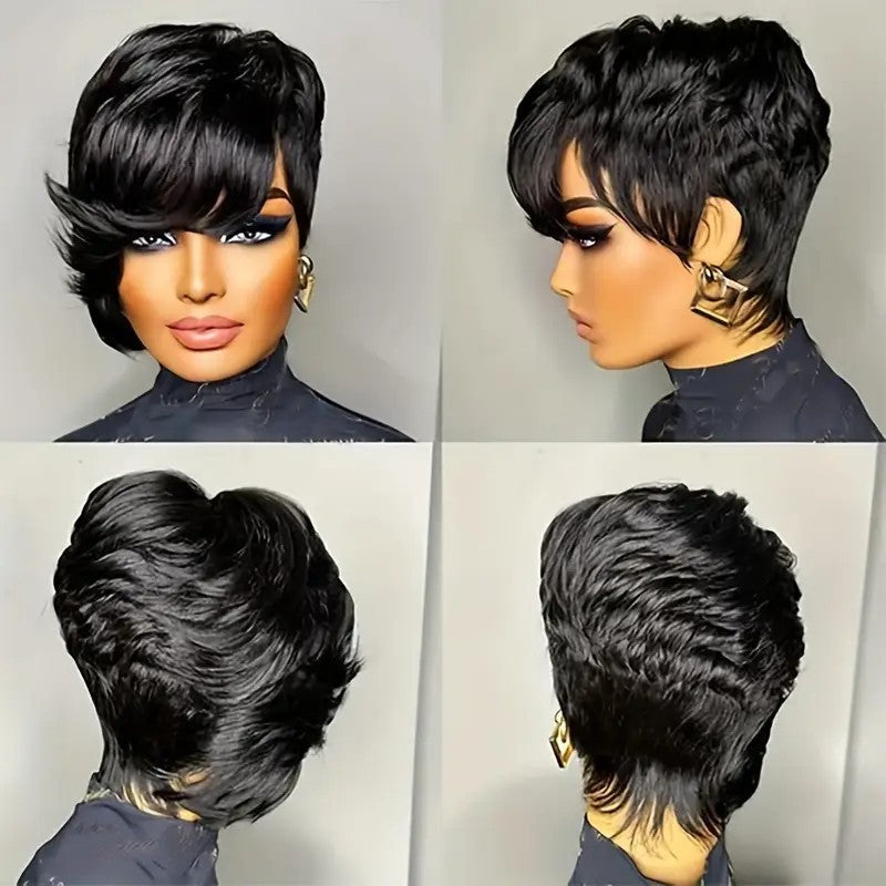 Straight Black Elegant 8 PixieCut Wig For Women -Glueless Human Hairwith Long Bangs, Everyday Style Wig L SleekShort Wig   Wig Accessories - DropOnline.co