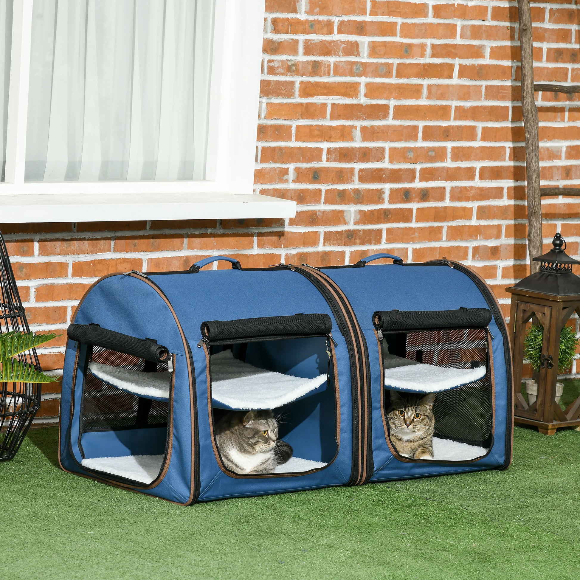 Portable Twin Compartment Show House Cat Cage 39  Soft-Sided Pet Kennel With Soft Cushions  Storage Bag Blue - DropOnline.co
