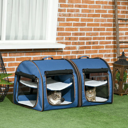 Portable Twin Compartment Show House Cat Cage 39  Soft-Sided Pet Kennel With Soft Cushions  Storage Bag Blue - DropOnline.co