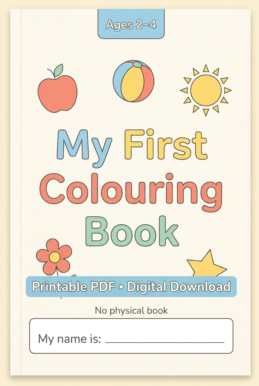 My First Colouring Book ages 2–4, labelled Printable PDF Digital Download and No physical book