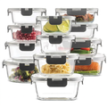 Clear glass food containers with gray locking lids arranged on a white background
