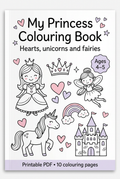 Promotional cover illustration for My Princess Colouring Book, printable PDF for ages 4–5